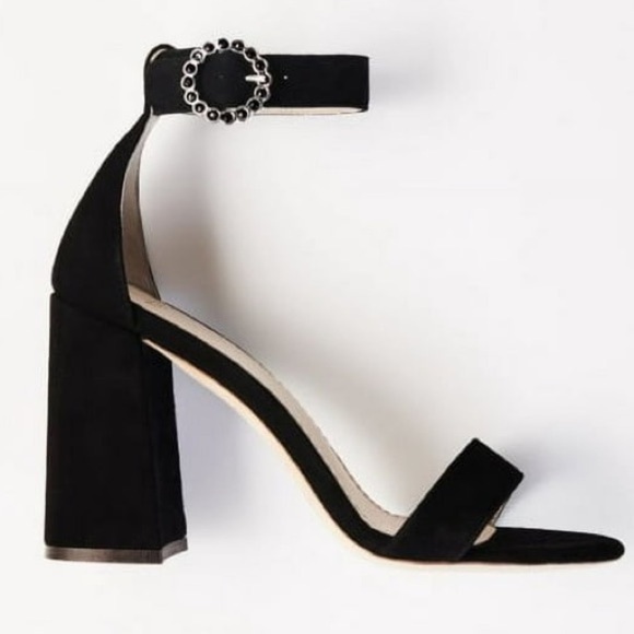 Maje NOIR Black Fariaz Suede Block High Heel Ankle Crystal Buckle Sandals Sz 38 - Picture 1 of 11